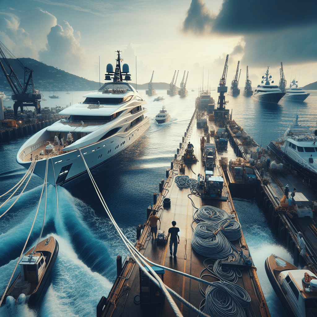 A large yacht loaded on a specialized trailer with pilot vehicles nearby, illustrating yacht transport companies navigating 2025 regulations.