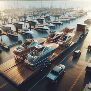 Truck hauling large yacht under a low bridge with visible sensors; highlights 2025 safety tech used by boat transport company.