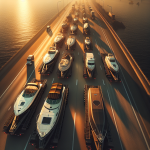 An oversized yacht on a trailer navigates narrow highway lanes, illustrating oversize boat transport challenges and permit delays.