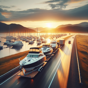 A wide motor yacht on a flatbed trailer navigates a highway under escort, illustrating motor yacht transport boat transport logistics.