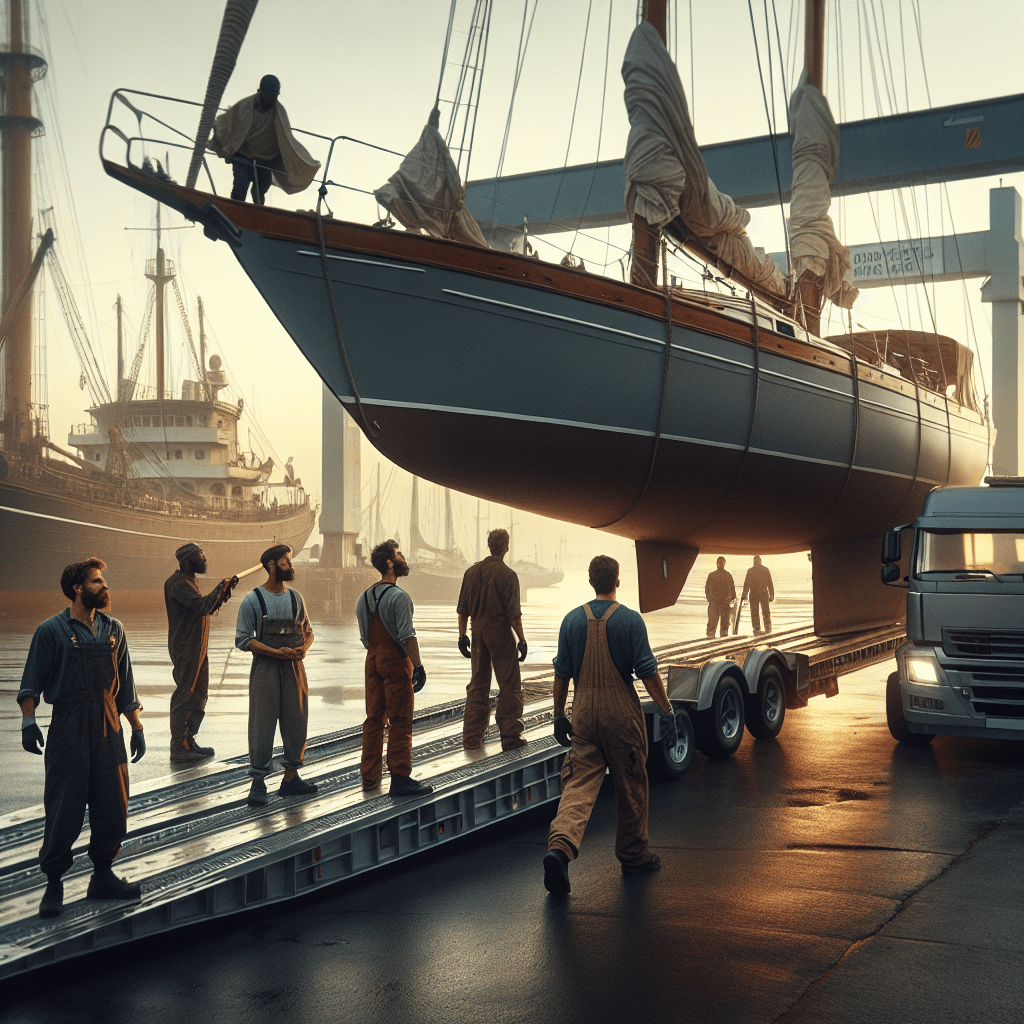 A professional crew loads a wide sailboat onto a trailer for highway travel, highlighting oversize load permit boat transport.