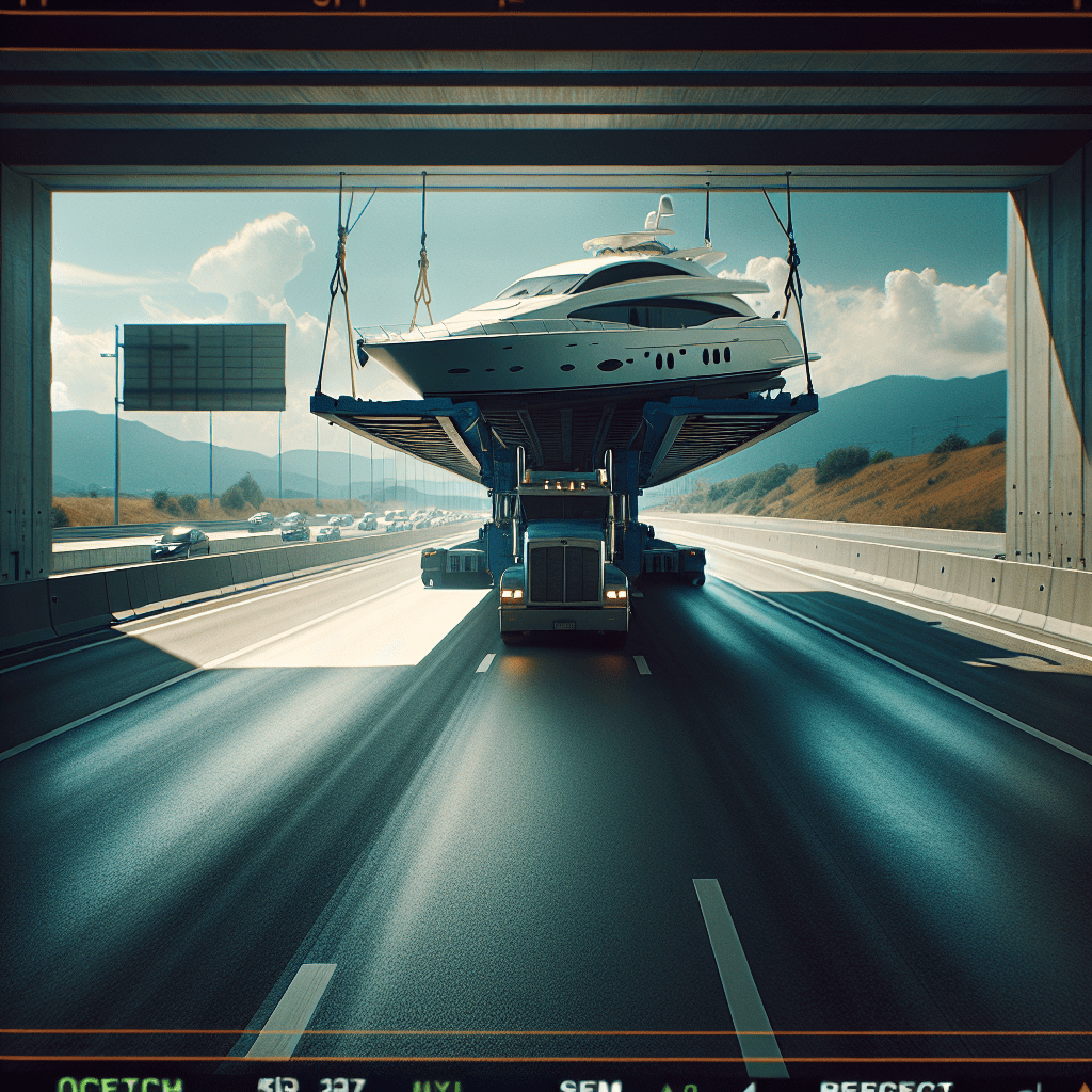 A flatbed truck hauls an oversized yacht on a highway under clear skies, illustrating modern yacht transport service challenges.