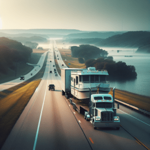 Wide-load truck towing a houseboat on trailer down Missouri highway, showcasing relaxed weekend houseboat hauling regulations.