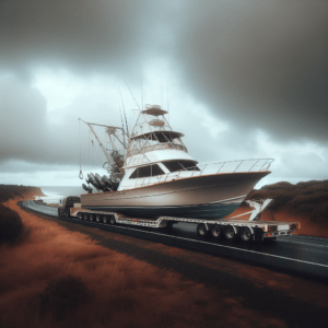 A large sportfishing boat on a flatbed trailer parked roadside under cloudy skies, symbolizing holiday restrictions boat transport.