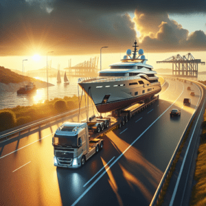 A heavy-duty truck hauling a large yacht on a trailer along a highway, highlighting challenges yacht transportation companies face with 2025 speed limiter rules.
