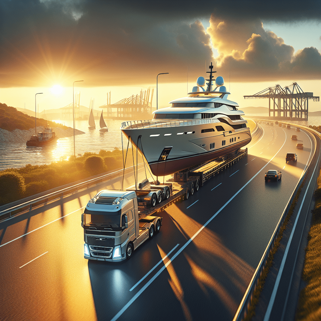 A heavy-duty truck hauling a large yacht on a trailer along a highway, highlighting challenges yacht transportation companies face with 2025 speed limiter rules.