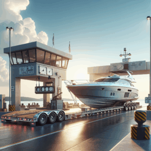 A wide cruiser yacht on a multi-axle trailer at a weigh station, illustrating 2025 cruisers boat transport weight regulation challenges.
