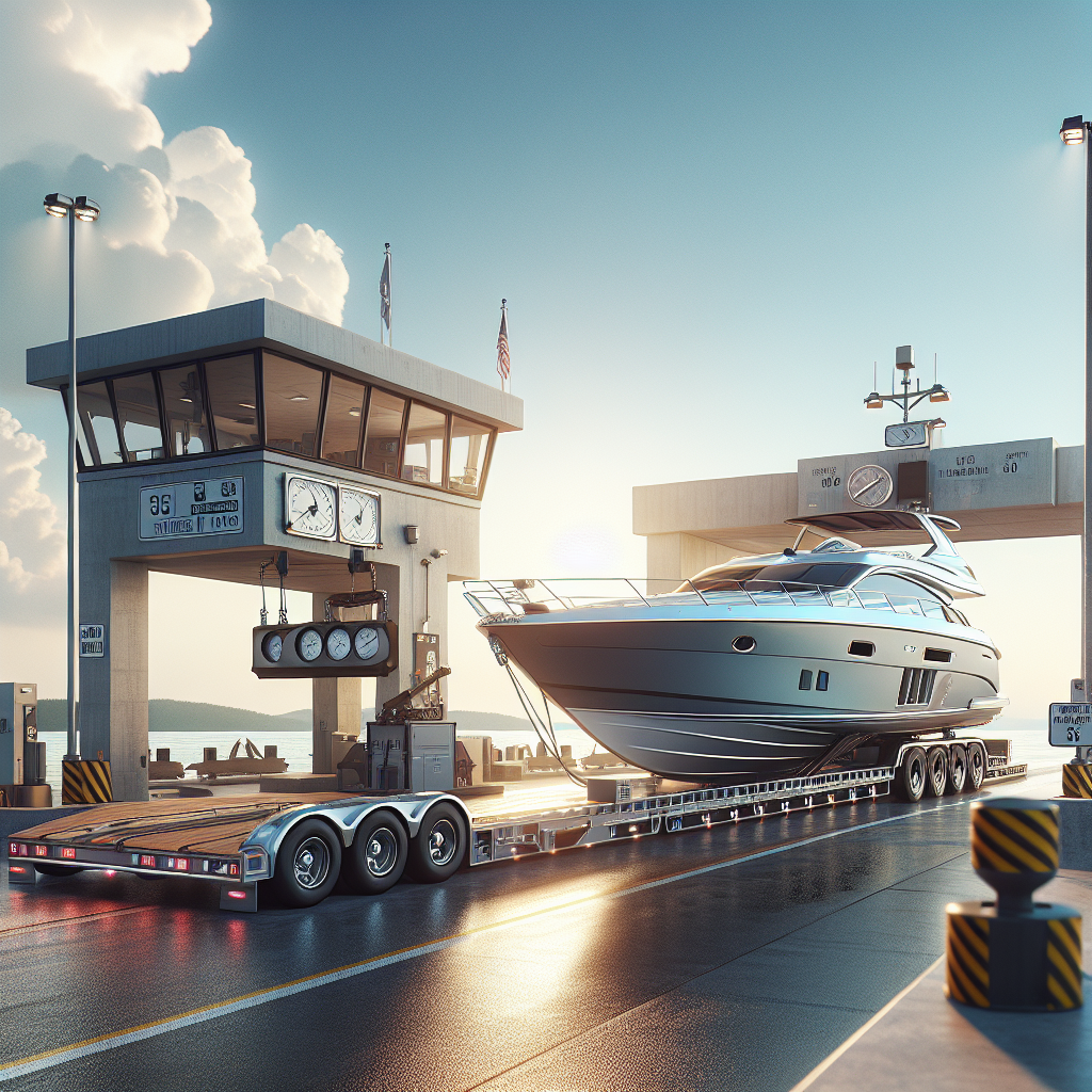 A wide cruiser yacht on a multi-axle trailer at a weigh station, illustrating 2025 cruisers boat transport weight regulation challenges.