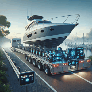 A 38-foot yacht on a smart trailer with visible load sensors and tech gear, illustrating smart trailer boat transport upgrades.
