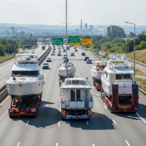 Boat transport trailer hauling a large boat on a highway, illustrating 2025 digital permit rules and oversize travel limits