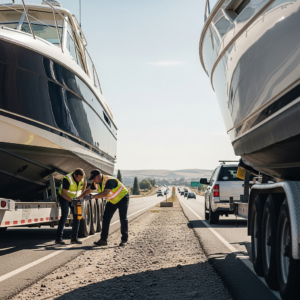 A heavy boat on a multi‑axle trailer being inspected roadside, highlighting safe boat trailer transportation under new axle rules.