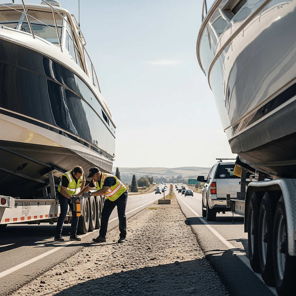 A heavy boat on a multi‑axle trailer being inspected roadside, highlighting safe boat trailer transportation under new axle rules.