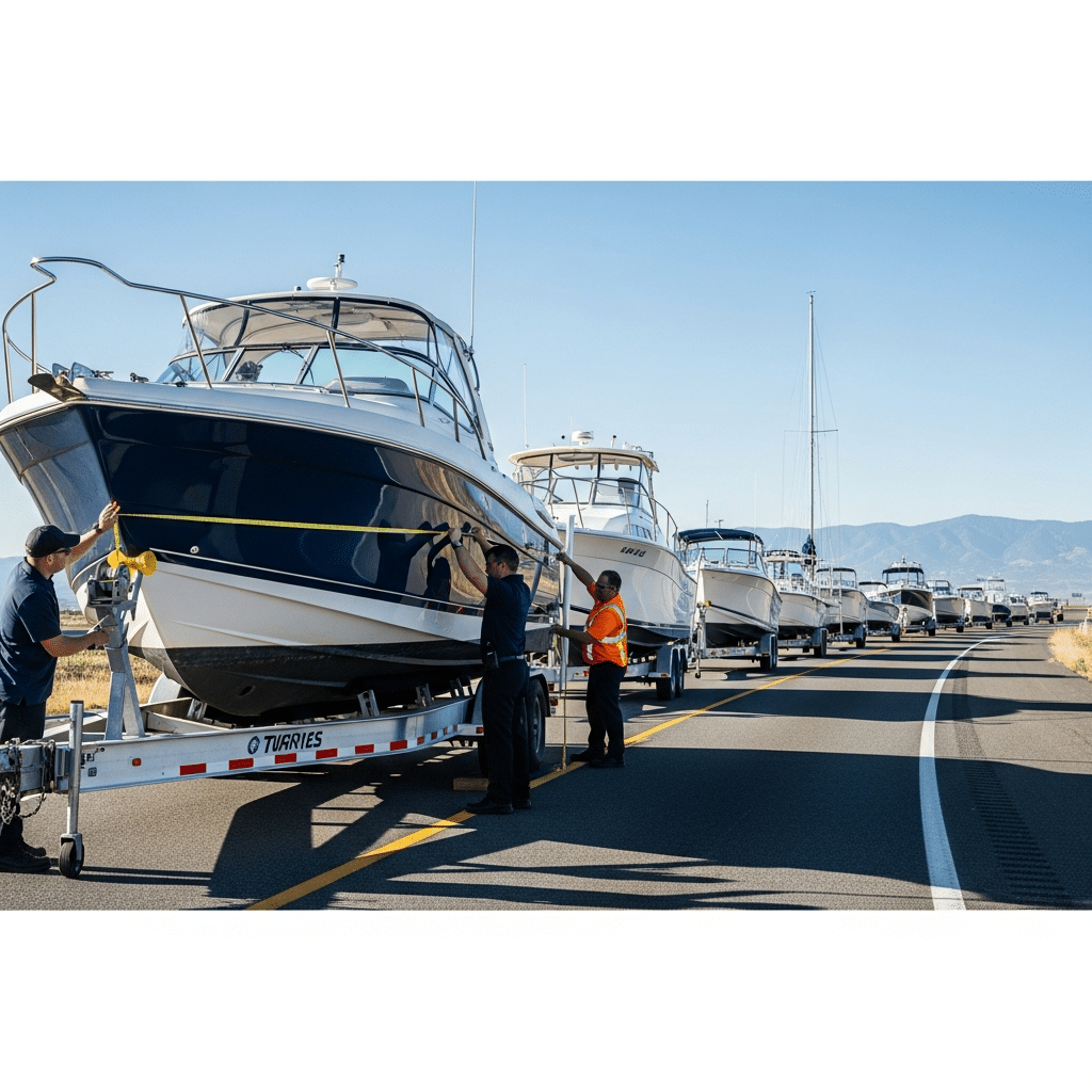 Wide boat on a trailer measured for 2025 rules, highlighting transportation of boats under new width limits.