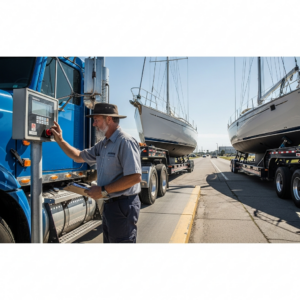 Trucker checking boat trailer weight at a scale, showing planning like designer grade sectional sofas for client projects