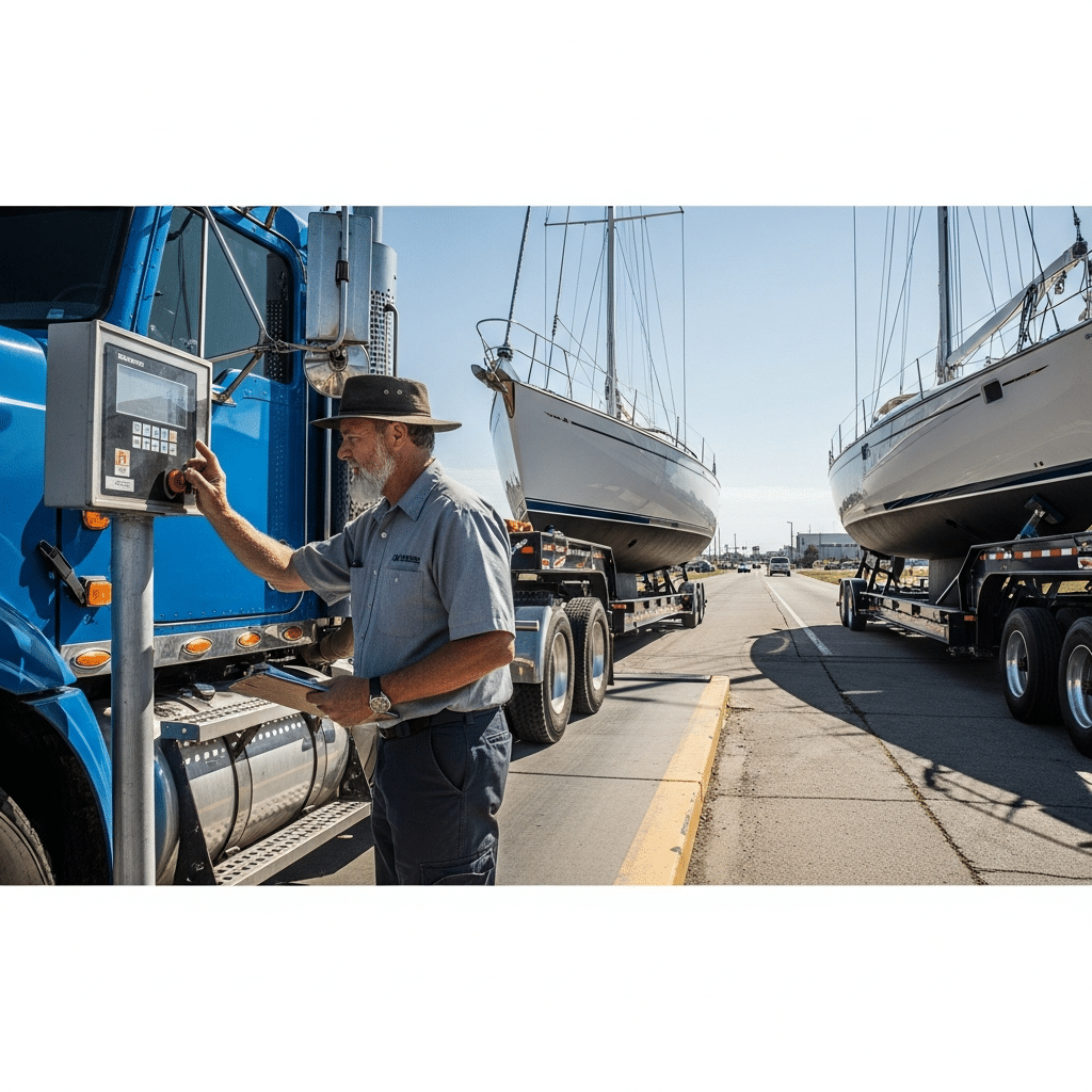 Trucker checking boat trailer weight at a scale, showing planning like designer grade sectional sofas for client projects