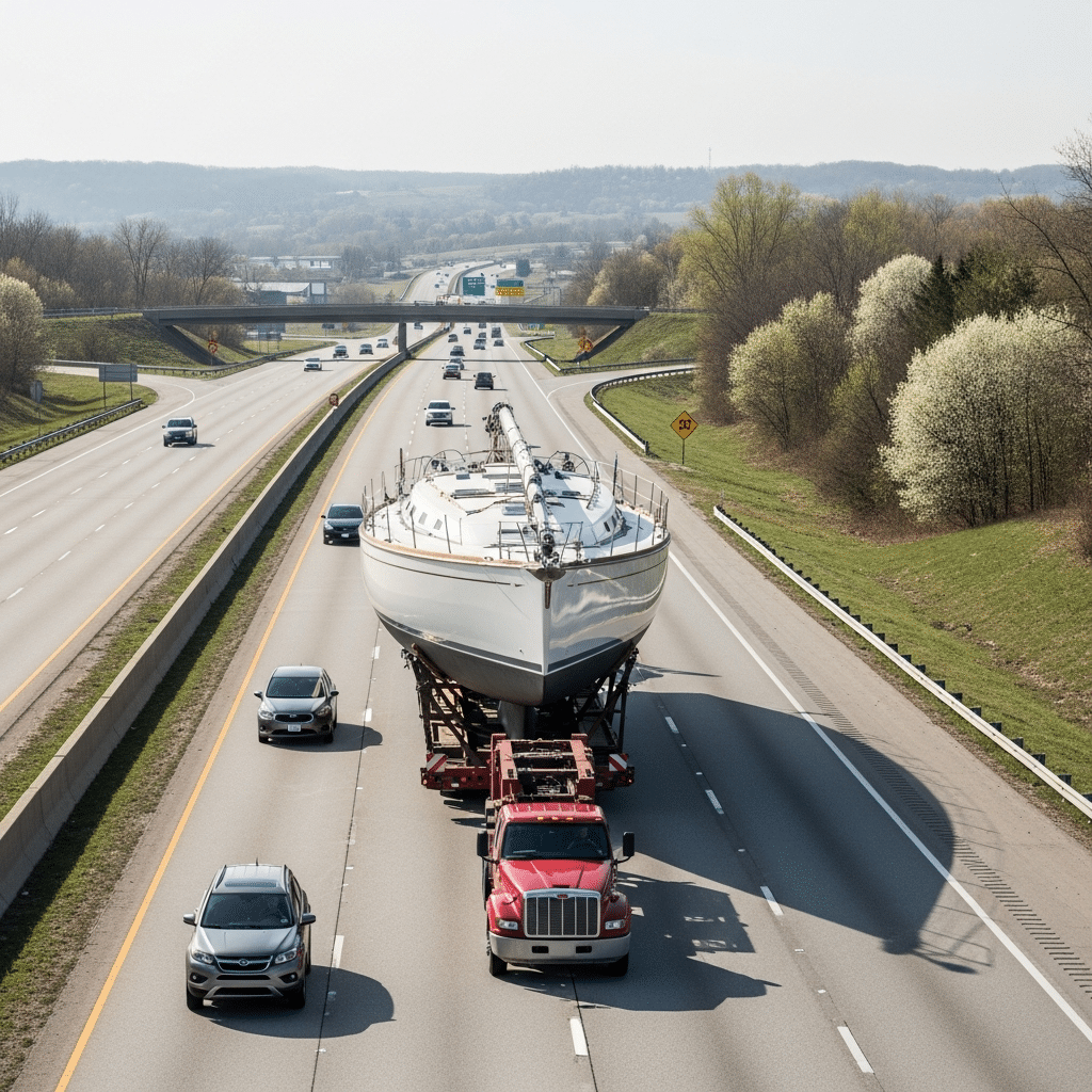 Boat shippers usa hauling an oversize sailboat on a highway during spring restrictions, highlighting tight travel windows.