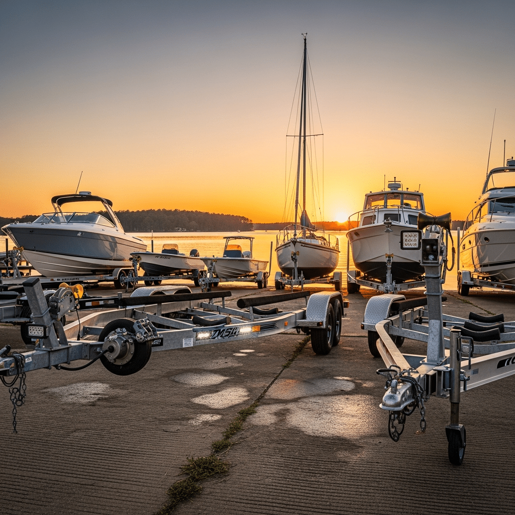 Boat trailers in Alabama parked at a ramp with visible brake and light systems highlighted to show updated 2026 safety standards.