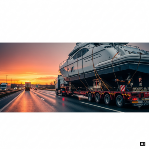 Boat transport services truck hauling a large boat on a highway, showing secure straps and professional loading for safe transport under new rules