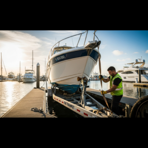 Boat Transport Company driver securing a large boat onto a trailer at a marina, highlighting safe loading and transport preparation.