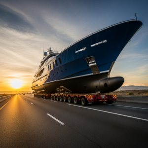 A large powerboat secured on a highway trailer during transport, illustrating safe Boat Transportation Near Me practices