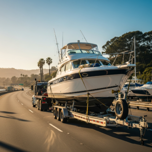 Truck hauling a secured powerboat for Boat Transport New Jersey To Sarasota, showing proper spring prep and safe loading practices.