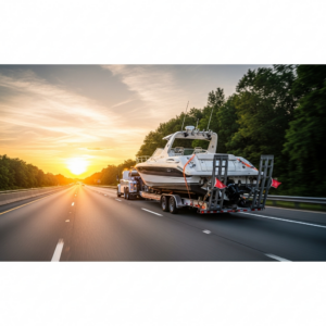 Boat Transport New Jersey To Fort Lauderdale trailer hauling a large boat southbound on a highway with safety gear secured.