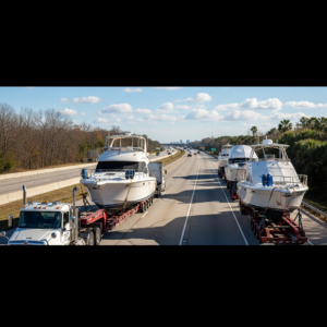 Boat Transport New Jersey To Miami truck hauling a secured boat along the highway, showing safe preparation and long‑distance transit.