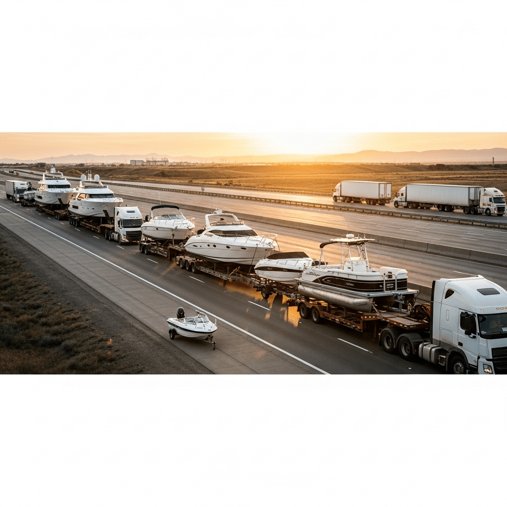 Truck hauling a large boat on highway, highlighting safe boat freight shipping practices for overland transport