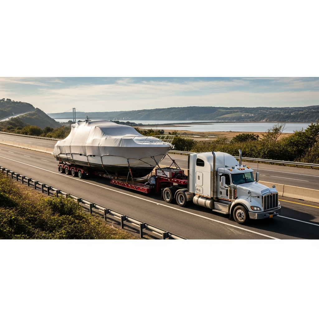 Truck hauling a boat on a highway, illustrating Boat Transport New Jersey To Connecticut with safe, professional handling.