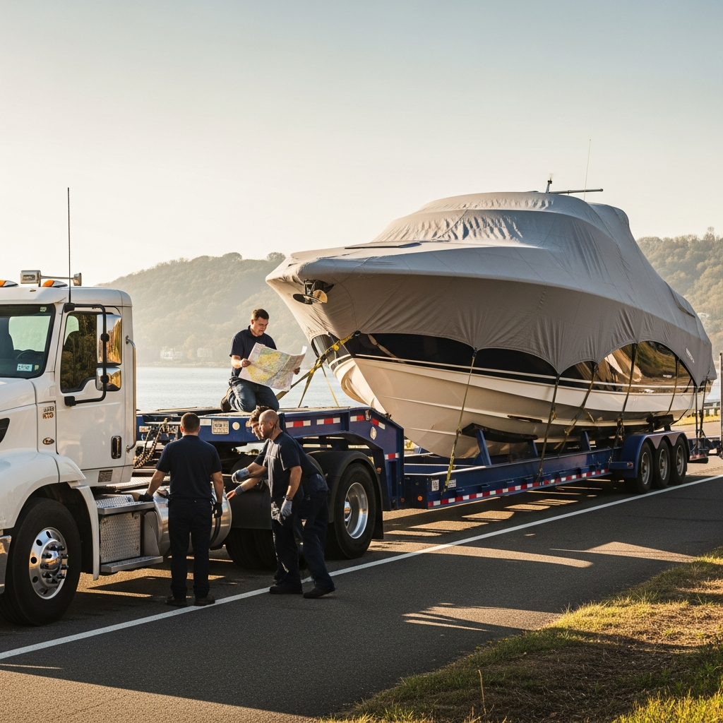 Boat on a transport trailer with a professional carrier preparing the haul, illustrating Best Boat Transport Companies In New Jersey expertise