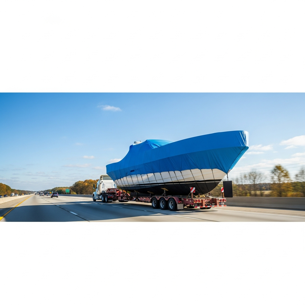 Boat on a transport trailer heading south under clear skies, illustrating the Snowbird Boat Transport Guide Northeast To Florida journey.