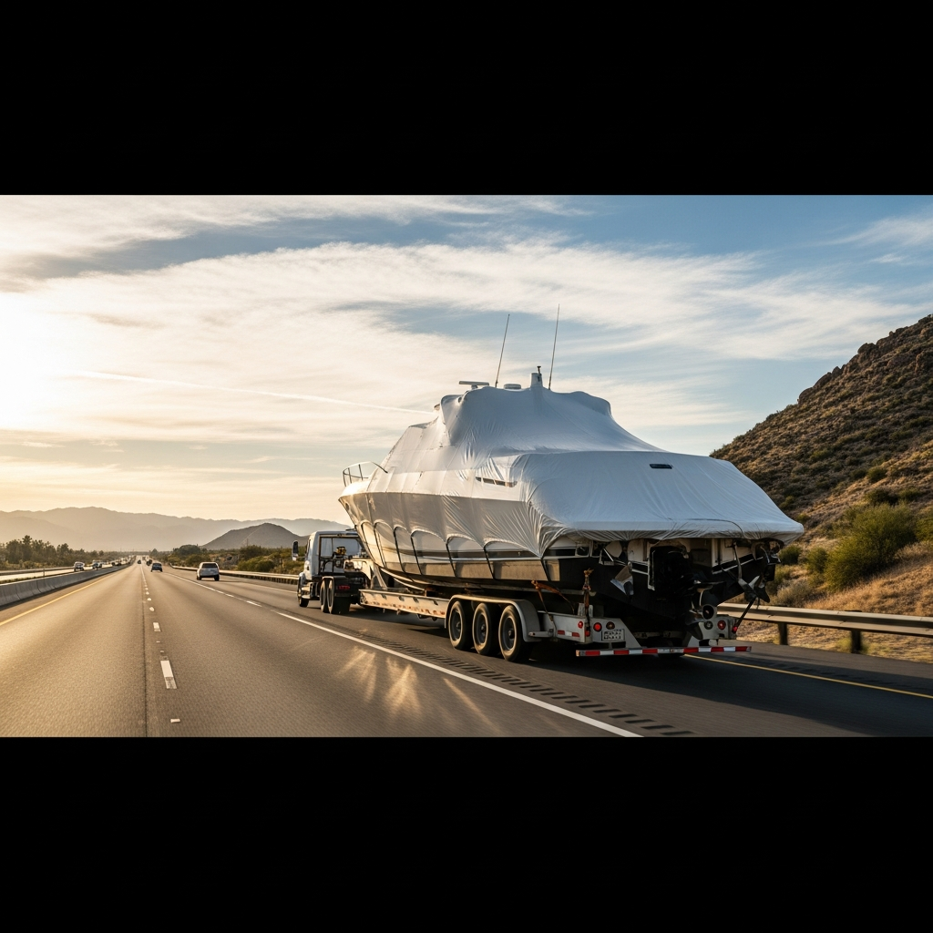 Large powerboat secured on a transport trailer along a highway, illustrating Boat Transport Florida To California