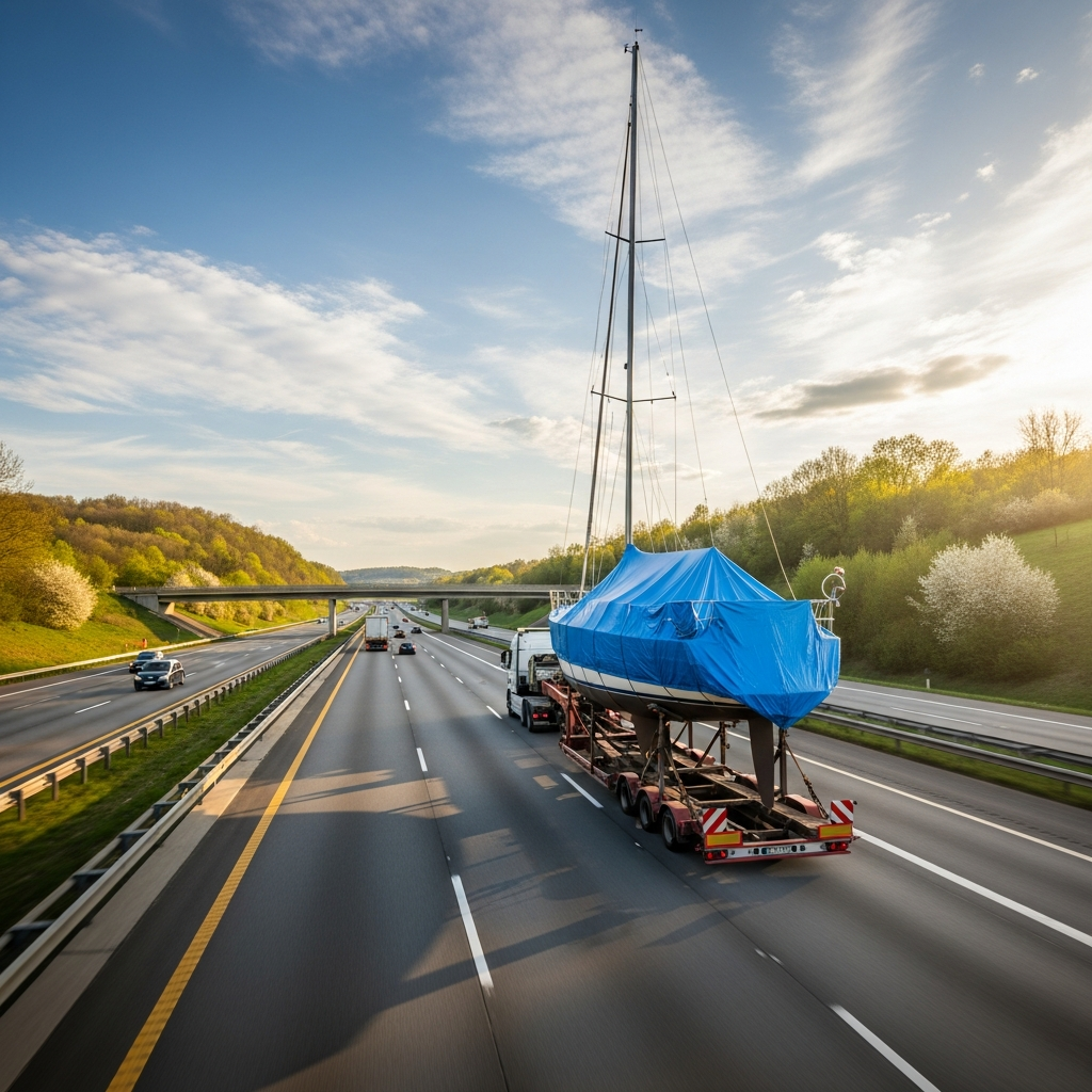 Hauler towing a sailboat on a highway in spring, illustrating Sailboat Transport Near Me and essential route planning.