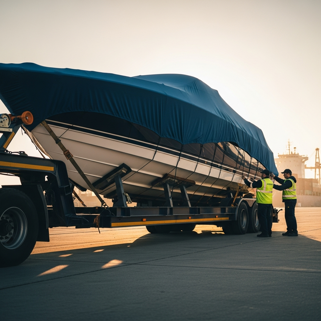 Boat on a trailer inspected before transport, illustrating Premier Boat Transportation safety standards.