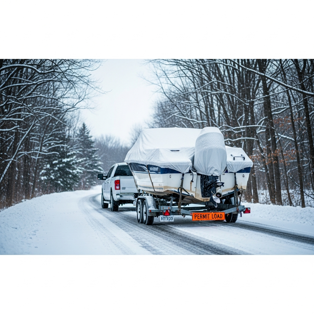 Runabouts Boat Transport trailer hauling a small powerboat in winter conditions, highlighting prep and permit safety