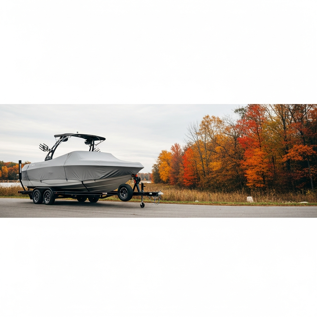 Ski And Wakeboard Boats Boat Transport showing a wake boat secured on a trailer during fall haul prep with towers folded.