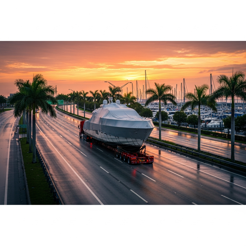 Boat on a transport trailer heading toward a South Florida marina, highlighting seasonal risks in Boat Transport South Florida
