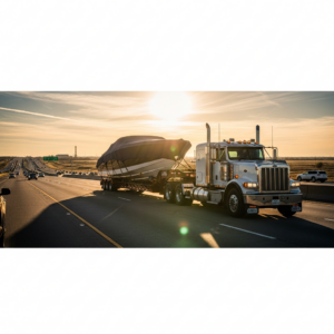 Boat Transport Texas trailer hauling a large boat down a sunny highway, highlighting the scale and timing challenges of busy seasonal moves.
