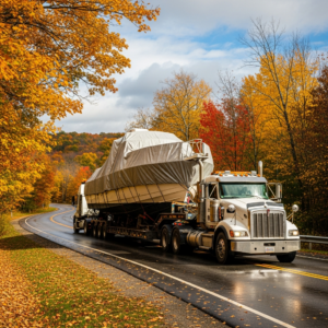 Utility Boats Boat Transport truck hauling a utility boat on a trailer, showing fall travel challenges and careful measurement needs.