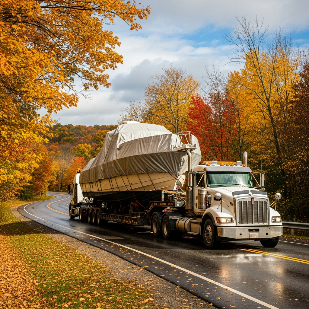 Utility Boats Boat Transport truck hauling a utility boat on a trailer, showing fall travel challenges and careful measurement needs.