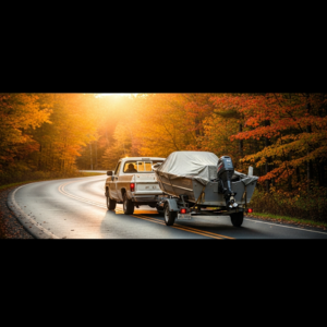 Jon Boats Boat Transport truck hauling a small aluminum jon boat on a secure trailer during fall season travel preparation.