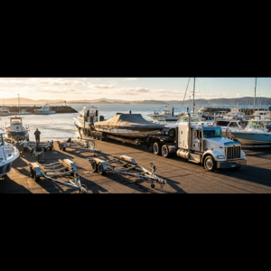 Bass Boats Boat Transport truck hauling a bass boat from a marina during peak season rush with trailers, permits, and timing challenges visible.