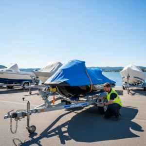 Jet ski on a trailer being inspected for tires and hubs, showing proper Jet Skis Boat Transport setup and safe long‑distance towing.