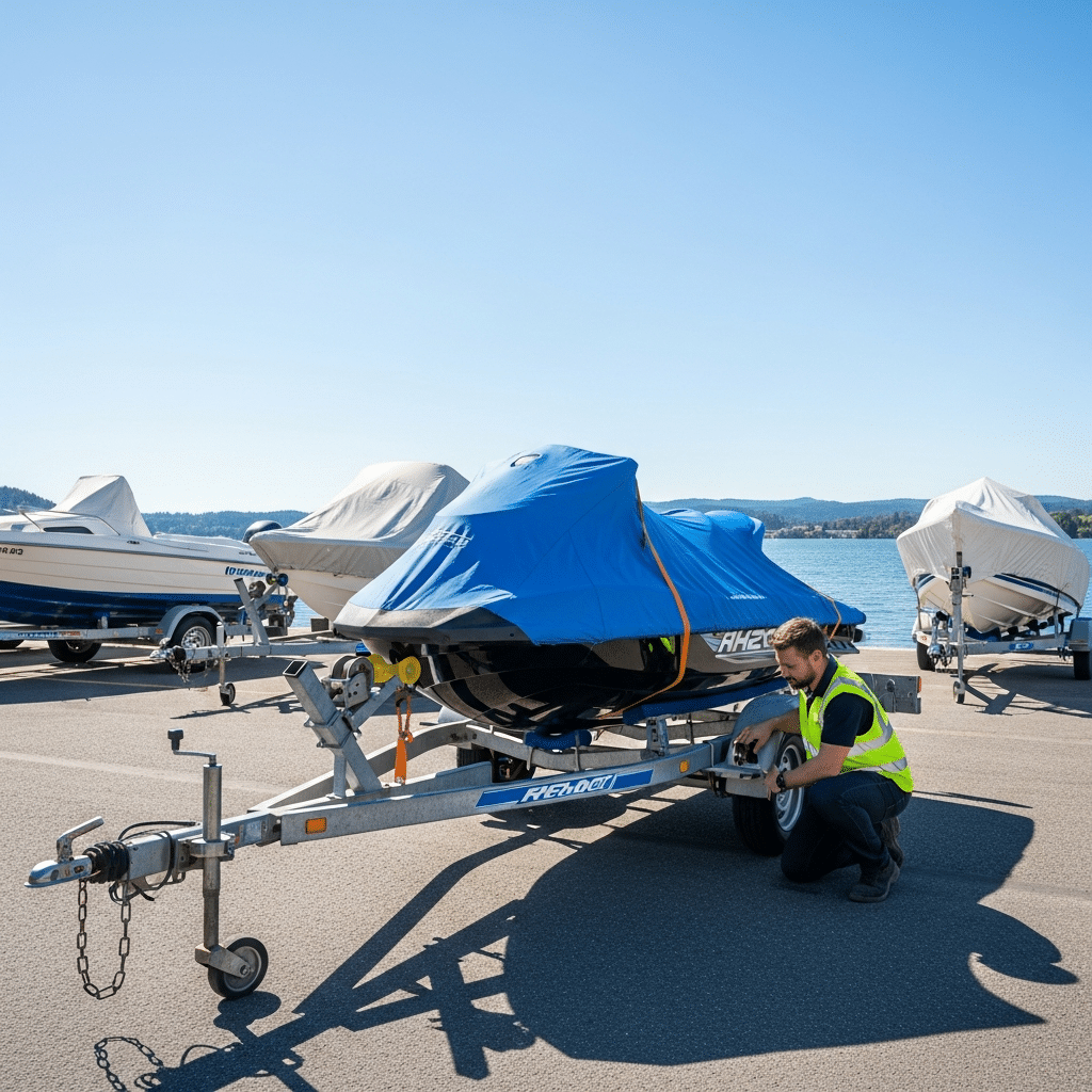 Jet ski on a trailer being inspected for tires and hubs, showing proper Jet Skis Boat Transport setup and safe long‑distance towing.