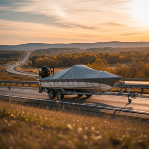 A skiff on a trailer being prepared for fall travel on a highway, highlighting careful Skiffs Boat Transport before peak season.