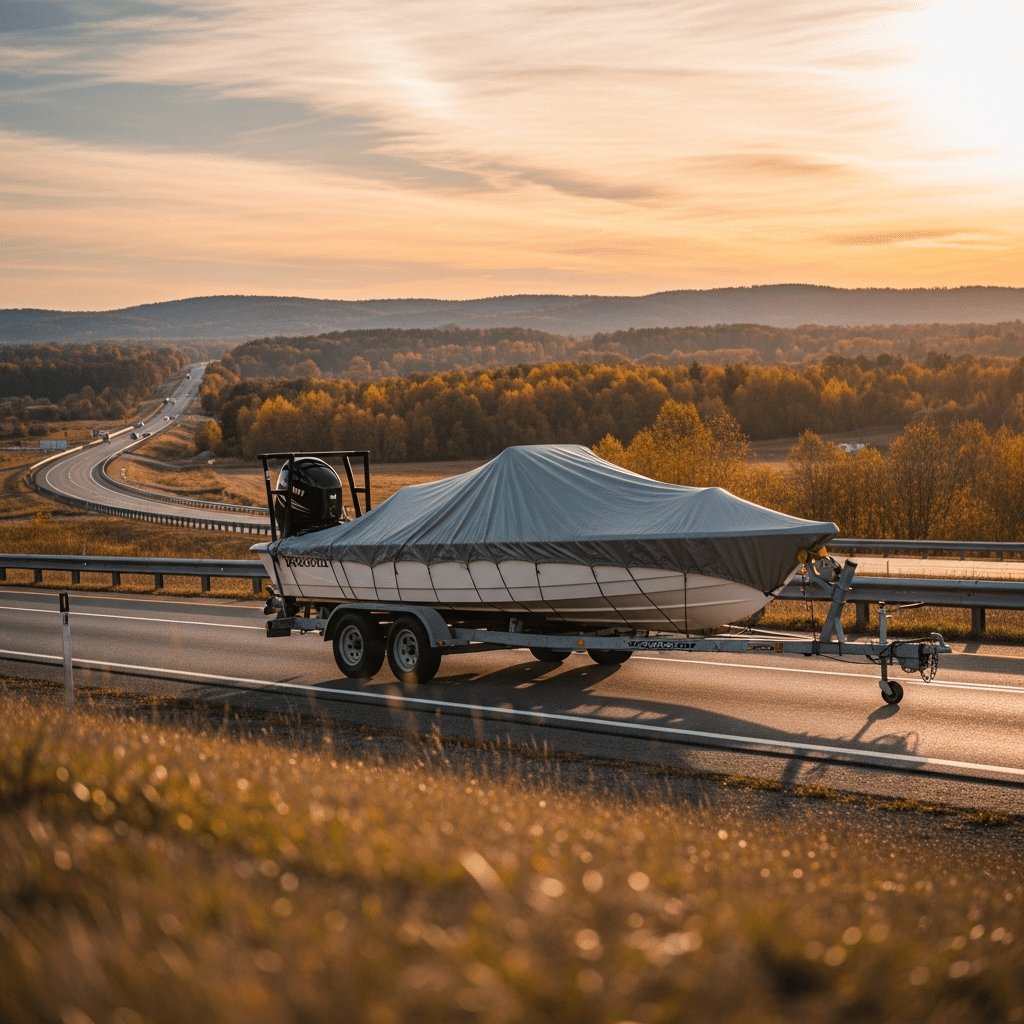 A skiff on a trailer being prepared for fall travel on a highway, highlighting careful Skiffs Boat Transport before peak season.