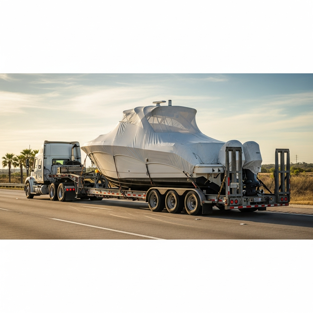 Transport truck hauling a center console similar to Trans Cat Boats For Sale In Texas on a highway during a seasonal Florida‑to‑Texas move.