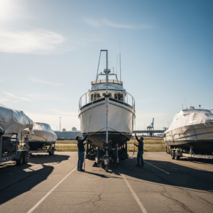 Small Trawlers Boat Transport scene showing a trawler secured on a hydraulic trailer during overland haul prep with height checks being done