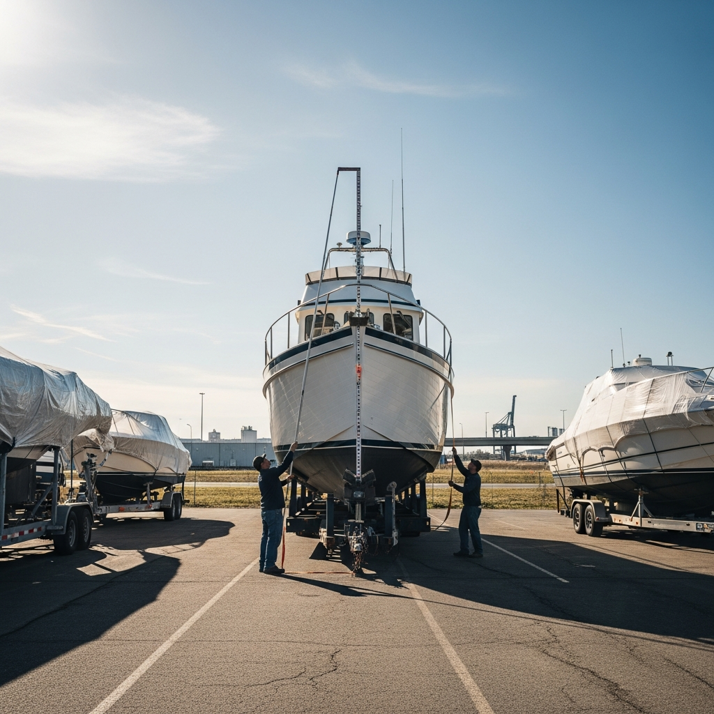 Small Trawlers Boat Transport scene showing a trawler secured on a hydraulic trailer during overland haul prep with height checks being done