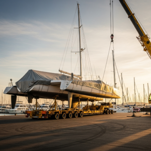 Large trimaran secured on a transport trailer at a marina, highlighting Trimaran Boat Transport planning challenges.